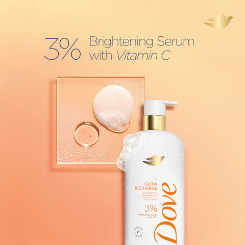Dove Exfoliating Body Wash Glow Recharge Energizes & illuminates skin 3% brightening serum with vitamin C 18.5 oz