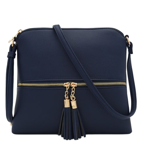 DELUXITY Lightweight Medium Crossbody Bag with Tassel (Dark Navy)