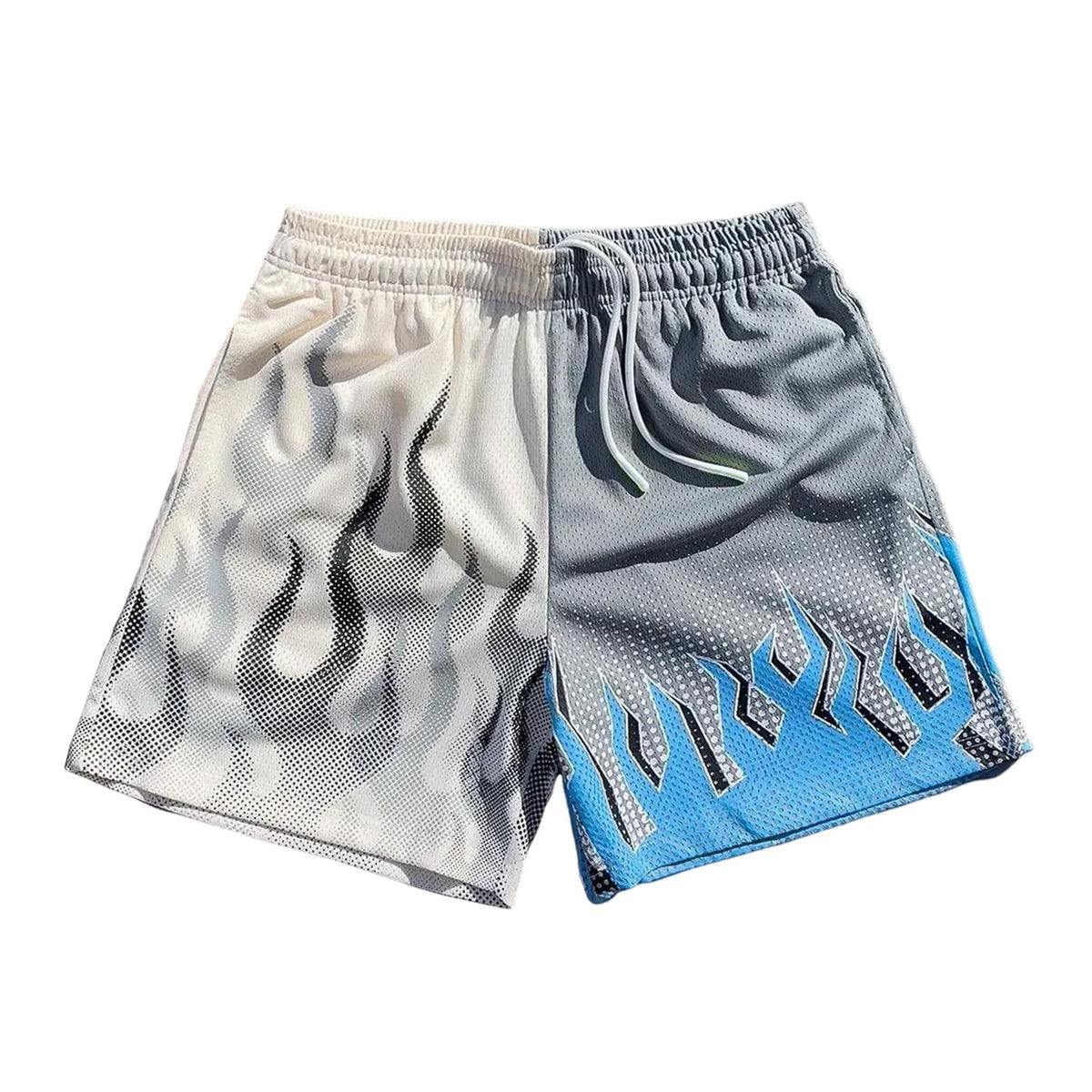 BOOMLEMON Men's Basketball Shorts Casual Workout Athletic Shorts Mesh Flame Graphic Print Running Short Pants(Digital Flame White Gray S)