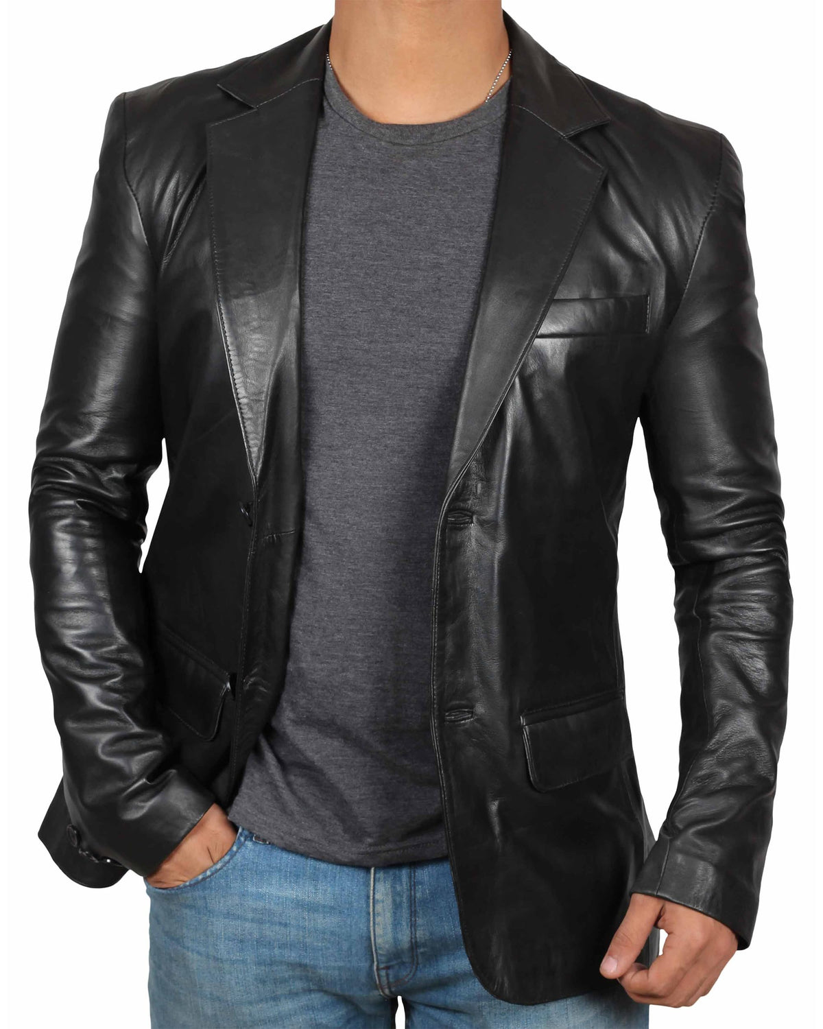 fjackets Leather Blazer for Men - Black & Brown Real Lambskin Casual Men's Leather Jacket Coats - Black Leather Blazer | [1500562], S