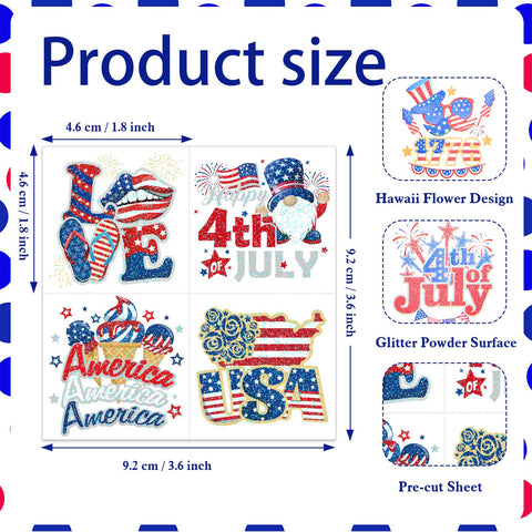 HOWAF 4th/Fourth of July Temporary Tattoos 96 Individually Sheets Giltter American USA Flag Tattoos Stickers Giltter gold and silver Independence Day Tattoos for Patriotic Independence Day