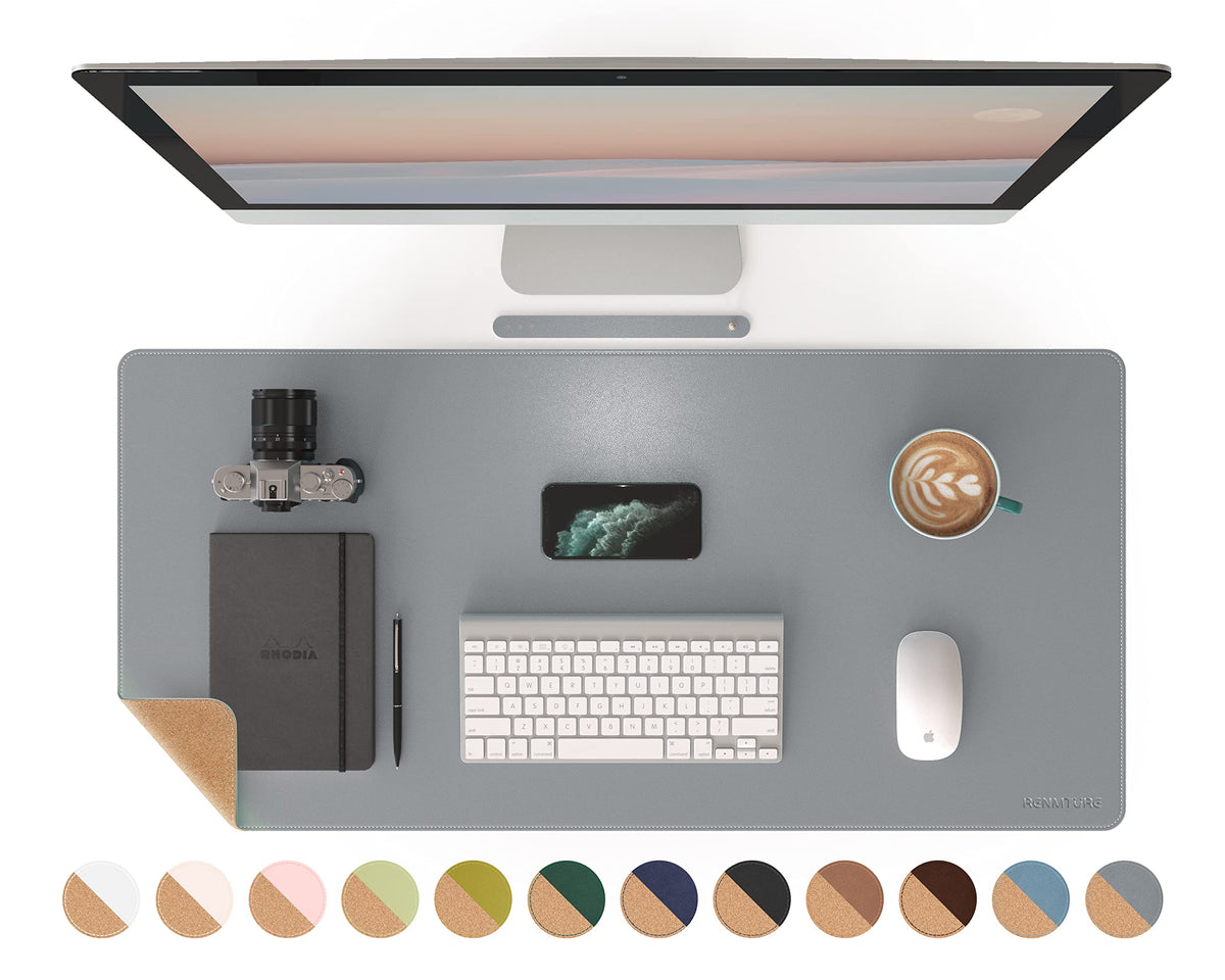 RENMTURE Dual-Sided Mouse Pad, Natural Cork & PU Leather Large Desk Pad for Office and Home Work, Desk Protector Non-Slip, Waterproof, Easy Clean (Gray, 36"x17")