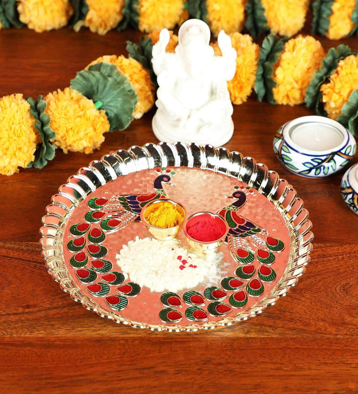 Itiha Rakhi Thali for Rakshabandhan, Puja Thali, Pooja Thali, Aarti Thali Peacock Design with haldi kumkum Holders Golden 7.5 inches - Acrylic