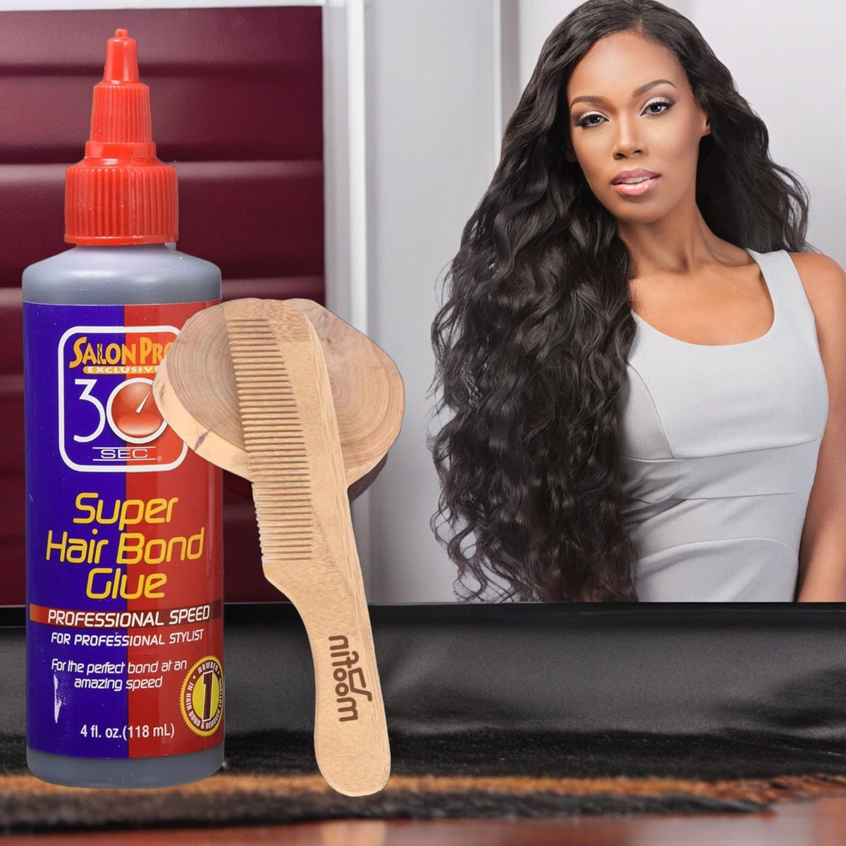 30 Second Bonding Glue Hair Supplies, 4 oz - Rapid Adhesion, Strong Hold for Wig Lace Glue & Eyelash Glue, Versatile Application Bundle with Moofin Wooden Comb [Pack of 3]