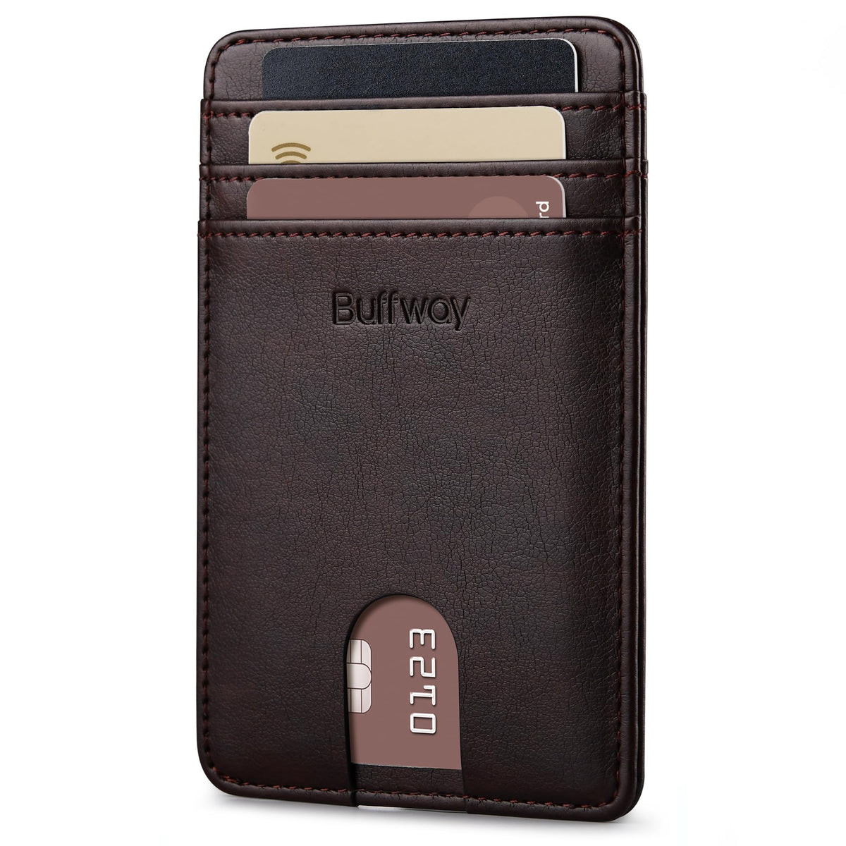 Buffway Mens Slim Wallet, Minimalist Thin Front Pocket Leather Credit Card Holder with RFID Blocking for Work Travel - Pebble Brown