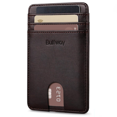 Buffway Mens Slim Wallet, Minimalist Thin Front Pocket Leather Credit Card Holder with RFID Blocking for Work Travel - Pebble Brown