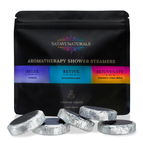 Satavi Naturals Aromatherapy Shower Steamers (40g Tablets - 5 Pack) Relax, Revive, & Rejuvenate - Vapor Tabs for Self-Care, Aromatic Shower Bath Bombs, Natural Essential Oils for Women & Men