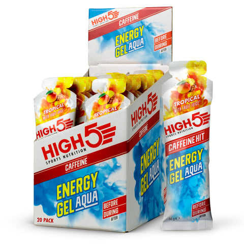 HIGH5 Caffeine Hit Energy Gel Aqua - Quick Release Sports Gels for Peak Performance - Easy Digest & Natural Fruit Juice - On The Go Energy Boost for Running, Cycling and Endurance (Tropical, 20 x 66g)