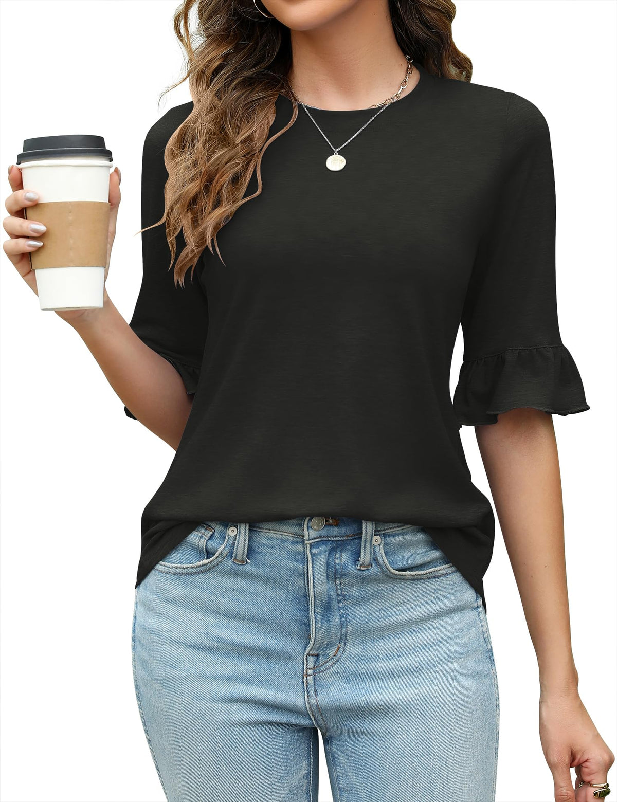 Rapbin Women's Casual Crew Neck Tops 3/4 Bell Sleeve T Shirts Casual Dressy Loose Fit Half Sleeve Summer Tops Blouse Black, XXL