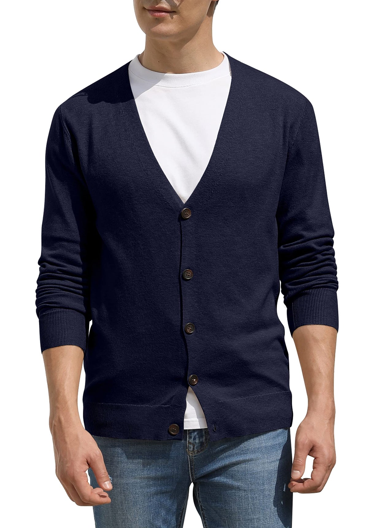 Hisir Men's Knit Cardigans Jumpers Lightweight Classic Soft Wool V Neck Cardigan with Buttons, Long Sleeve Knitwear Pullover Sweaters for Men, Mens Gift (Navy Blue, L)