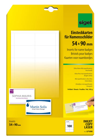 SIGEL LP898 Inserts for Name Badges, 5.4 x 9 cm, White, 100 Pieces equal to 10 sheets