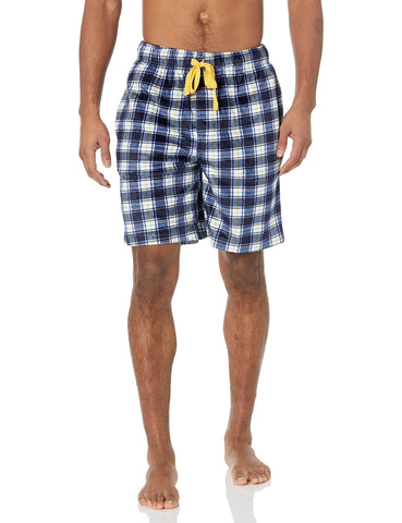 IZOD Men's Lite Touch Fleece Sleep and Lounge Short, Blue/White/Lemon Plaid, Large
