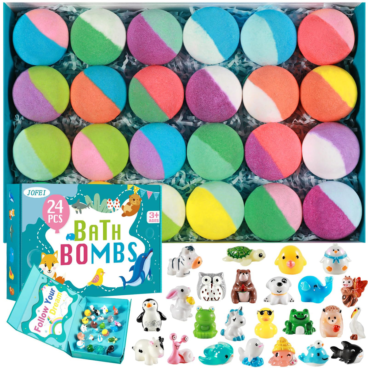 Bath Bombs for Kids with Surprise Inside, 24 Pack Kids Bath Bombs Gift Set, Natural Organic Bubble Bath Fizzy with Bath Toys, Easter Basket Stuffers for Kids Easter Egg Fillers