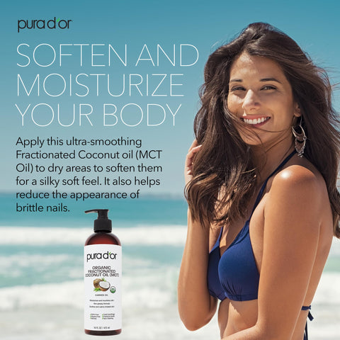 PURA D'OR 16 Oz ORGANIC Fractionated Coconut Oil - MCT Oil- 100% Pure & Natural USDA Certified Cold Pressed Carrier Oil - Unscented, Hexane Free Liquid Moisturizer - Face Skin & Hair - Men & Women