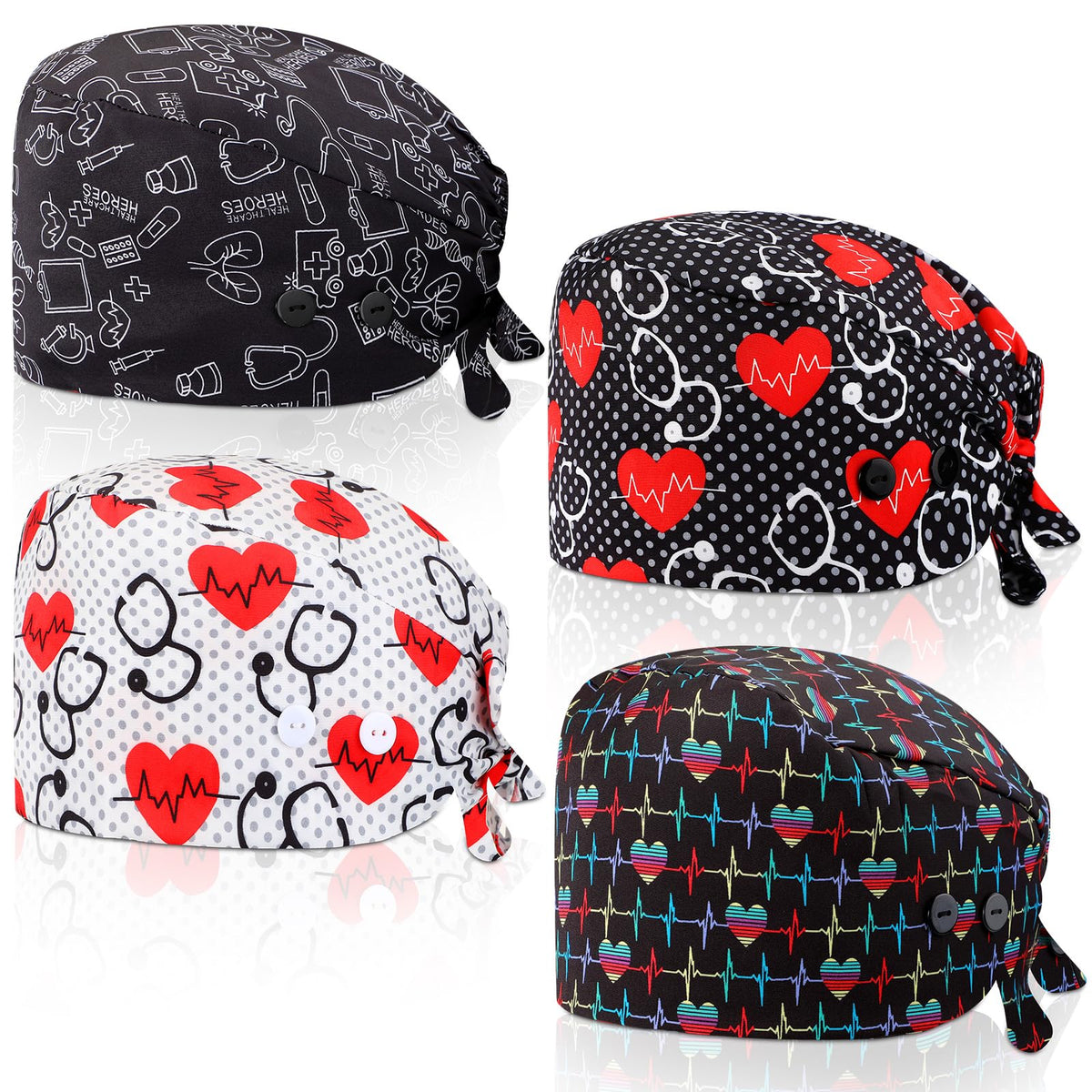 4 Pcs Working Caps with Button and Sweatband Adjustable Working Hats Elastic Scrub Hats Nurse Scrub Cap Nurse Hats for Women (Fresh Style) Multicolored