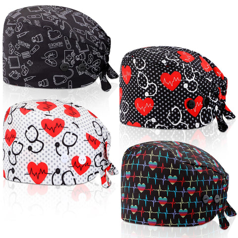 4 Pcs Working Caps with Button and Sweatband Adjustable Working Hats Elastic Scrub Hats Nurse Scrub Cap Nurse Hats for Women (Fresh Style) Multicolored