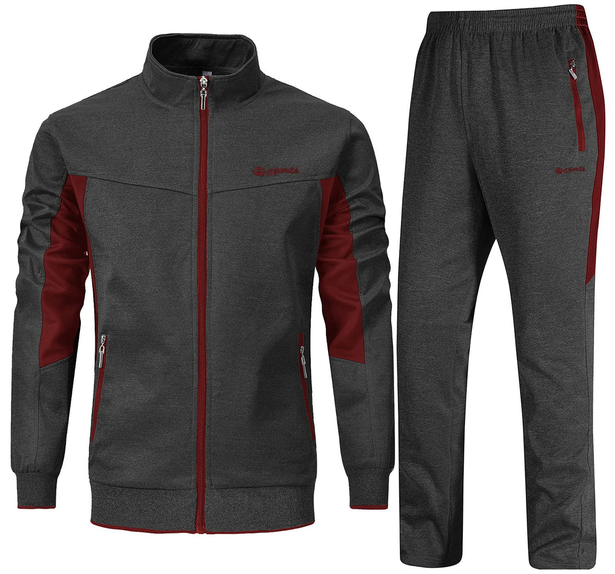 Rdruko Mens Tracksuits Sets Running Jackets Joggers 2 Piece Casual Sweatsuits Sports Lounge Wear Wine Red and Dark Grey XL