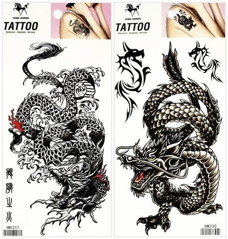 Black Chinese Dragon Waterproof Temporary Tattoo for Man Women Fake Tattoos Arm Leg Chest Shoulder Sticker Decal Festival Body Paint (Pack 2 PCS.)