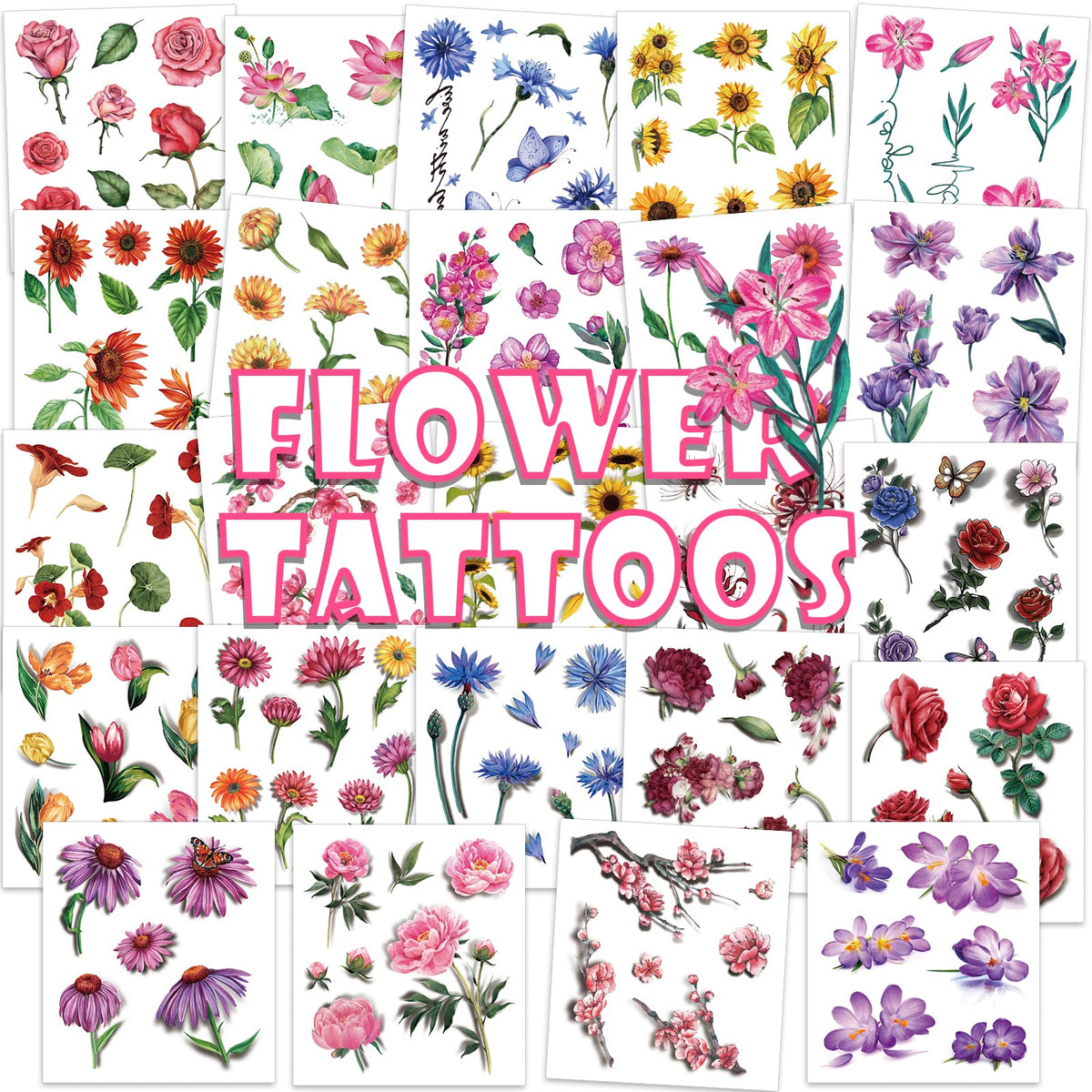 Konsait Flower Tattoos 24 Sheets Mixed Flower Temporary Tattoos Fake Tattoos Waterproof Tattoos Stickers Women Tattoo Supplies Birthday Party Favors Gift Bag Fillers