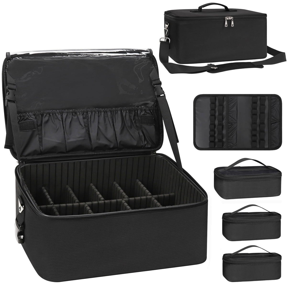 Relavel Makeup Bag Large Makeup Case Professional Cosmetic Storage Organizer Box Brush Holder with 3 Clear Set Bags & Lipstick Plate for Makeup Artists with Shoulder Strap & Adjustable Dividers