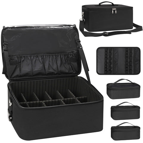 Relavel Makeup Bag Large Makeup Case Professional Cosmetic Storage Organizer Box Brush Holder with 3 Clear Set Bags & Lipstick Plate for Makeup Artists with Shoulder Strap & Adjustable Dividers