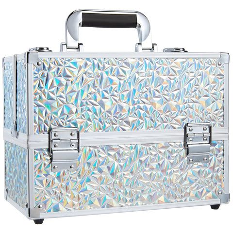 Frenessa 6 Trays Makeup Box Cosmetics Case Jewelry Organiser Vanity Make Up Storage Box Beauty Train Case Lockable with Keys, Silver