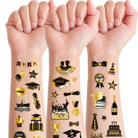 Konsait 2024 Graduation Temporary Tattoos, 10 Sheets Black and Gold Graduation Tattoos, Congrats Graduation Party Favors for College High School Primary School