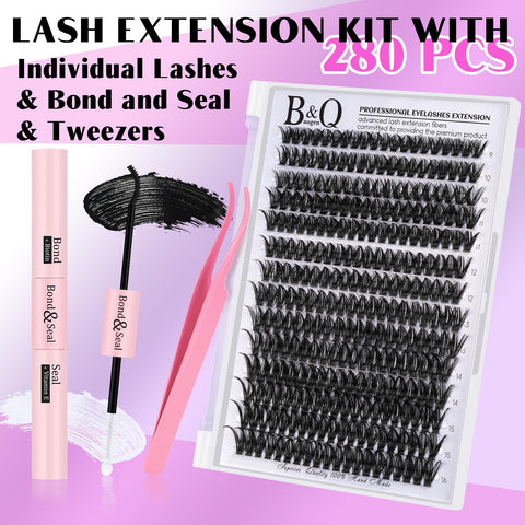 DIY Lash Extension Kit 280pcs Individual Lashes Cluster B&Q D Curl Eyelash Extension Kit Lash Clusters with Lash Bond and Seal and Lash Applicator Tool for Self Application (KIT,50D-D-9-16MIX)