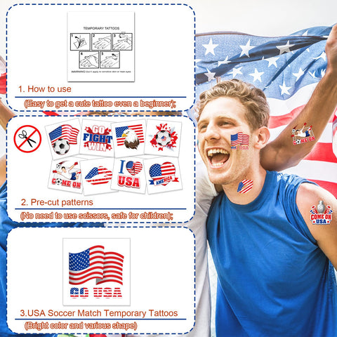 HOWAF 60pcs USA Soccer Temporary Tattoos for America Tournament 2024 Soccer Match Decoration, American Flag Face Tattoos Stickers for America 2024 Soccer Match Fans Group Events Supplies