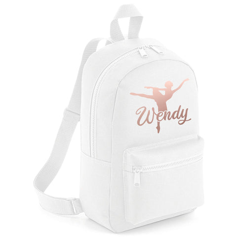 Purple Print House Girls Rose Gold Ballet Dancer Personalised Backpack - School Back to School Dance Class Custom Name School Girl - Personalised Kids Dancing Bag, White
