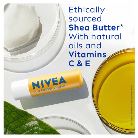 NIVEA SUN Protect Caring Lip Balm SPF50 (5.5ml), Factor 50 Lip Balm with Shea Butter, Protection Against UVA/UVB Rays with 24H Moisture, Lip Care, No White Cast