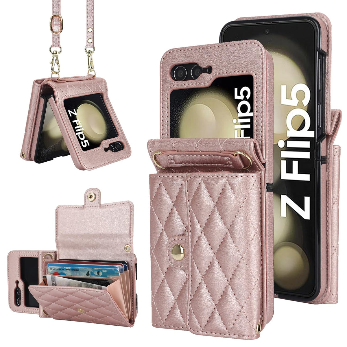 XIMAND for Samsung Galaxy Z Flip 5 Accordion Crossbody Wallet Case, 4 Card Slots, RFID Blocking, and Adjustable Strap - Stylish and Versatile Accessory for The Modern, Chic Woman (Rose Gold)