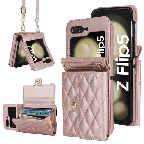 XIMAND for Samsung Galaxy Z Flip 5 Accordion Crossbody Wallet Case, 4 Card Slots, RFID Blocking, and Adjustable Strap - Stylish and Versatile Accessory for The Modern, Chic Woman (Rose Gold)