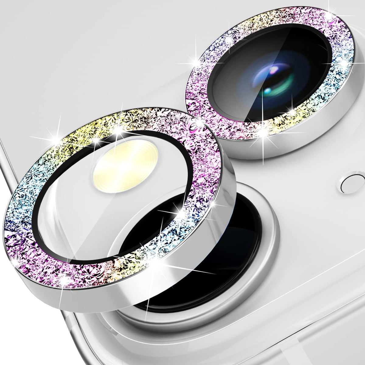 imluckies Compatible with iPhone 14/14 Plus & iPhone 15/15 Plus Camera Lens Protector Bling, 9H Tempered Glass Lens Screen Protection Cover Premium Aluminum Alloy Individual Glitter Ring, Colorful