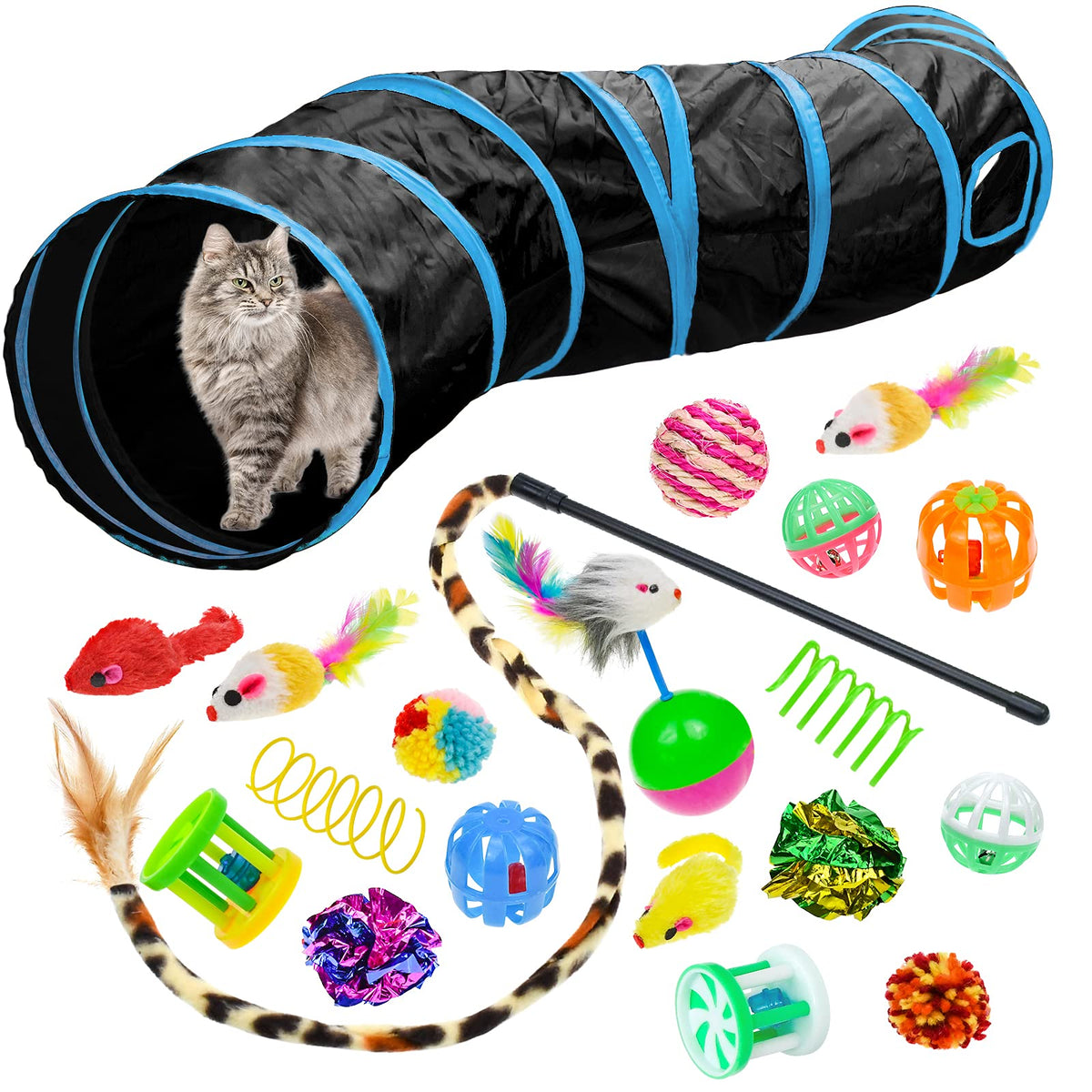 Malier Cat Toys Kitten Toys Set, Collapsible Cat Tunnels for Indoor Cats, Interactive Cat Feather Toy Fluffy Mouse Crinkle Balls Toys for Cat Puppy Kitty Kitten Rabbit (A-Rainbow)