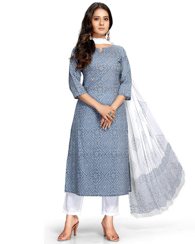 Rajnandini Women's Pure Cambric Cotton Embroidered Kurta Set With Dupatta (JOPLVL212-5XL_Grey & White_5XL)