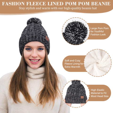 Bequemer Laden Womens Winter Warm Beanie Hat Touchscreen Gloves Long Scarf Set Ribbed Knit with Fleece Lined Pom Skull Caps Gifts for Women Black White