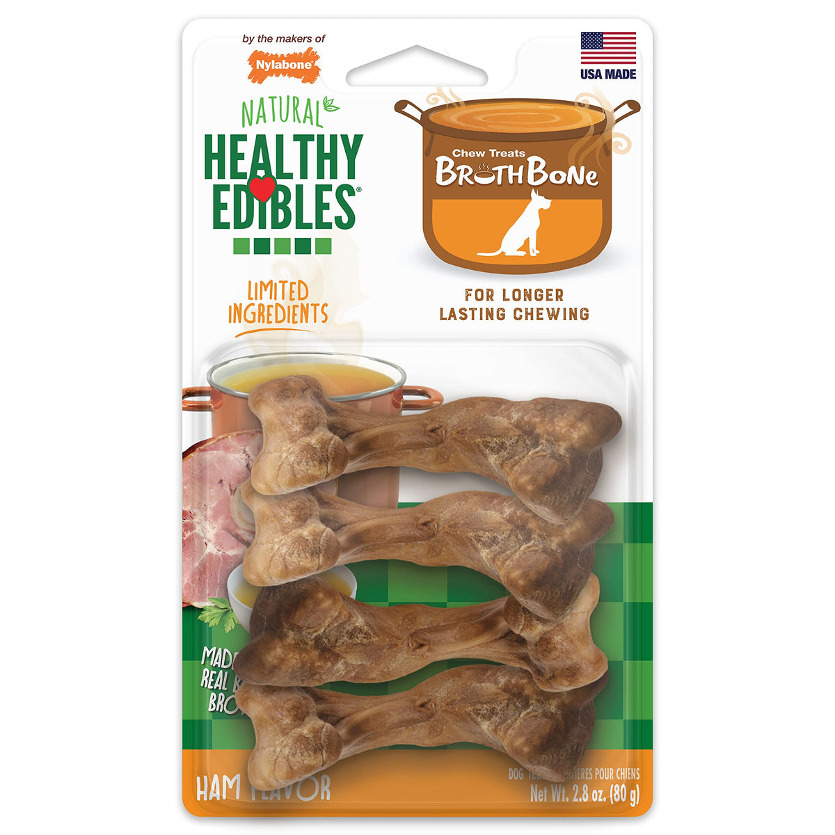 Nylabone Healthy Edibles Broth Bone All Natural Dog Treats Made With Real Bone Broth Small/Regular (4 count)