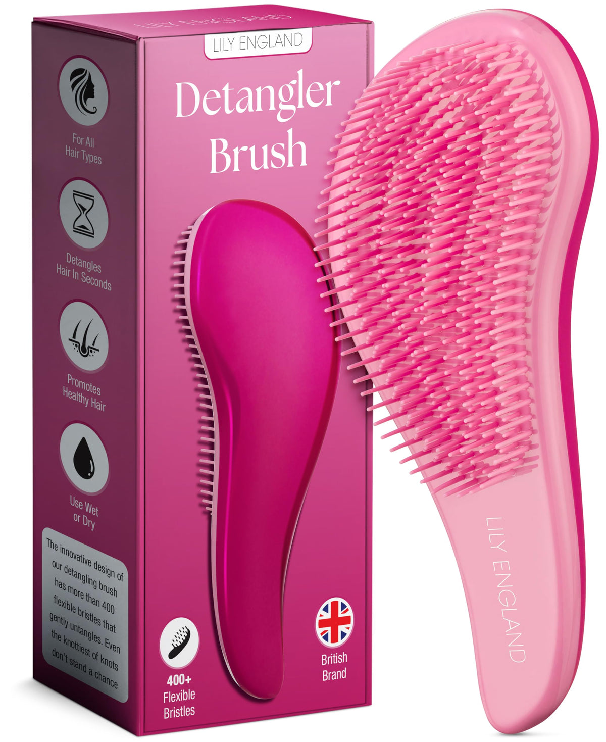 Lily England Detangler Brush for Curly Hair, Thick, Straight & Natural Hair - Gentle Detangling Hair Brush for Women, Kids & Toddlers with Flexible Bristles - Hairbrush for Wet & Dry Hair, Pink