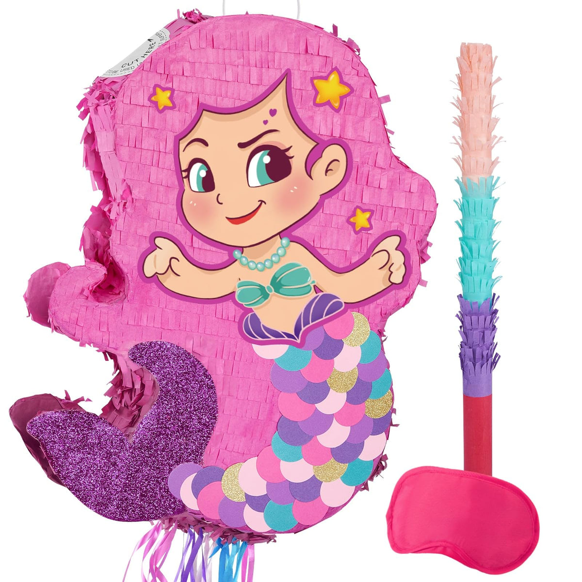 WERNNSAI Foldable Mermaid PiÃ±ata - Pull String Mermaid Birthday Party Supplies Extendable Mermaid with Blindfold Bat and Tassels Mermaid Party Decoration Folding Mermaid Girl PiÃ±atas for Game