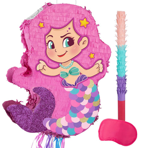 WERNNSAI Foldable Mermaid PiÃ±ata - Pull String Mermaid Birthday Party Supplies Extendable Mermaid with Blindfold Bat and Tassels Mermaid Party Decoration Folding Mermaid Girl PiÃ±atas for Game