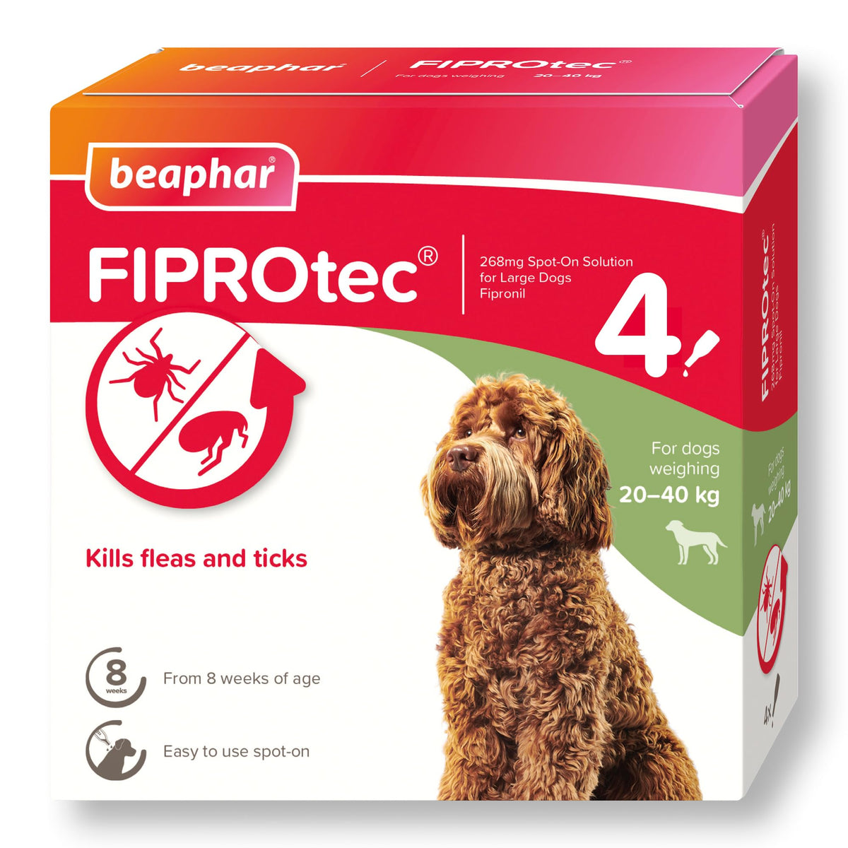 Beaphar FIPROtec Spot-On for Large Dogs (20-40kg) Kills Fleas & Ticks Vet Strength Treatment 4 Pipettes
