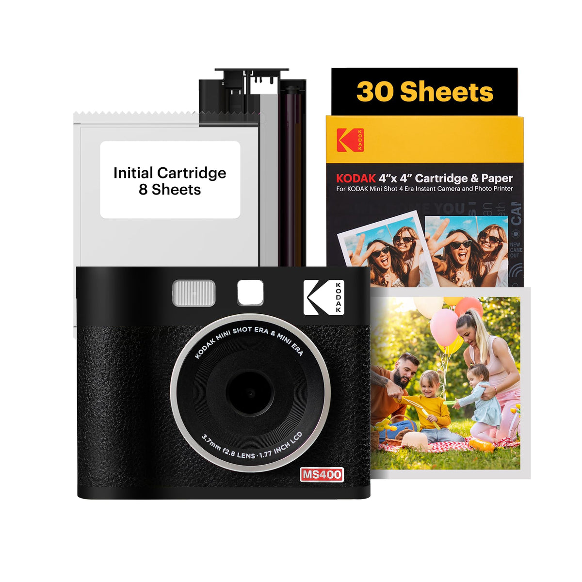 KODAK Mini Shot 4 ERA 4PASS 2-in-1 Instant Camera and Photo Printer Bundle (4x4 inches), Initial 10 Sheets + 60 Sheets Pack, Black