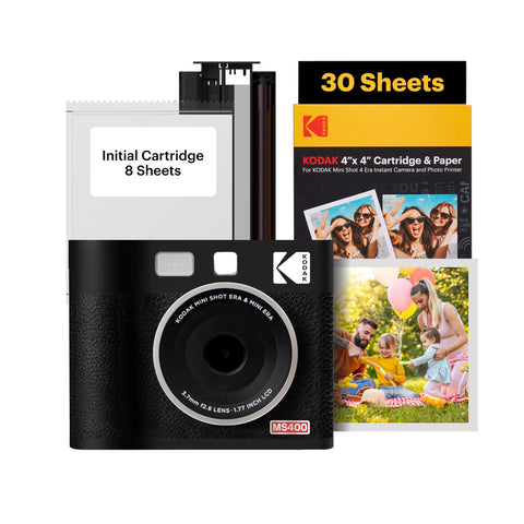 KODAK Mini Shot 4 ERA 4PASS 2-in-1 Instant Camera and Photo Printer Bundle (4x4 inches), Initial 10 Sheets + 60 Sheets Pack, Black