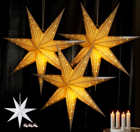 HOUISM Christmas Paper Star Lampshade, Paper Stars for Hanging, Folding Stars, Christmas Paper Star, Illuminated, Advent Star Window Decoration, White, Pack of 3, 45 cm