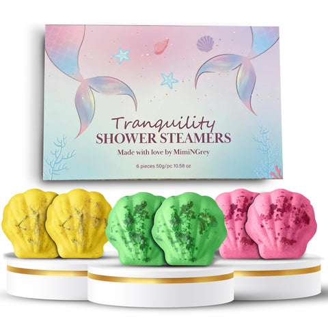 MimiNGrey Tranquility Mermaid Seashell Shower Steamers Aromatherapy - 6pk Shower Bombs for Women, Self-Care & Relaxation, Eucalyptus Jasmine Rose