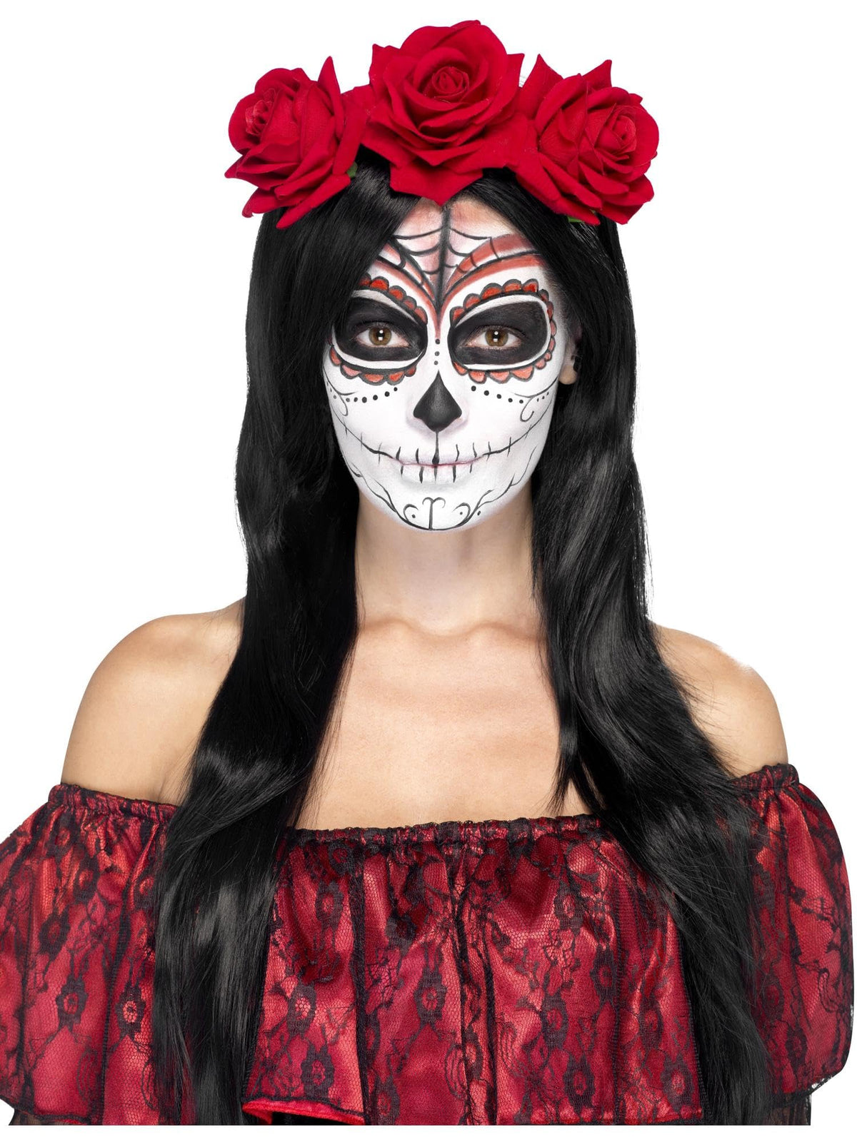 Smiffys Day of the Dead Headband, Red with Red Roses, Mexican Day of The Dead/Sugar Fancy Dress, Adult Dress Up Accessories