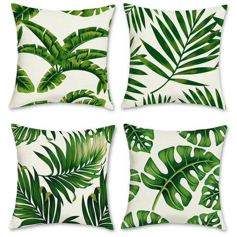 Bonhause Tropical Leaves Throw Pillow Covers 20x20 Set of 4 Green Palm Leaf Decorative Pillow Cases Polyester Linen Outdoor Cushion Covers for Sofa Couch Garden Home Decor
