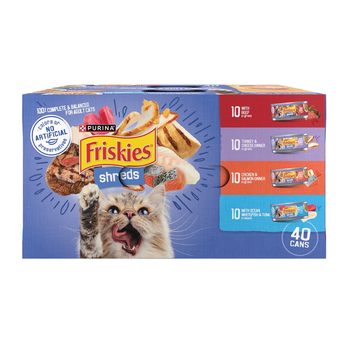 Purina Friskies Wet Cat Food Variety Pack, Shreds Beef, Turkey, Whitefish, and Chicken & Salmon - (Pack of 40) 5.5 oz. Cans