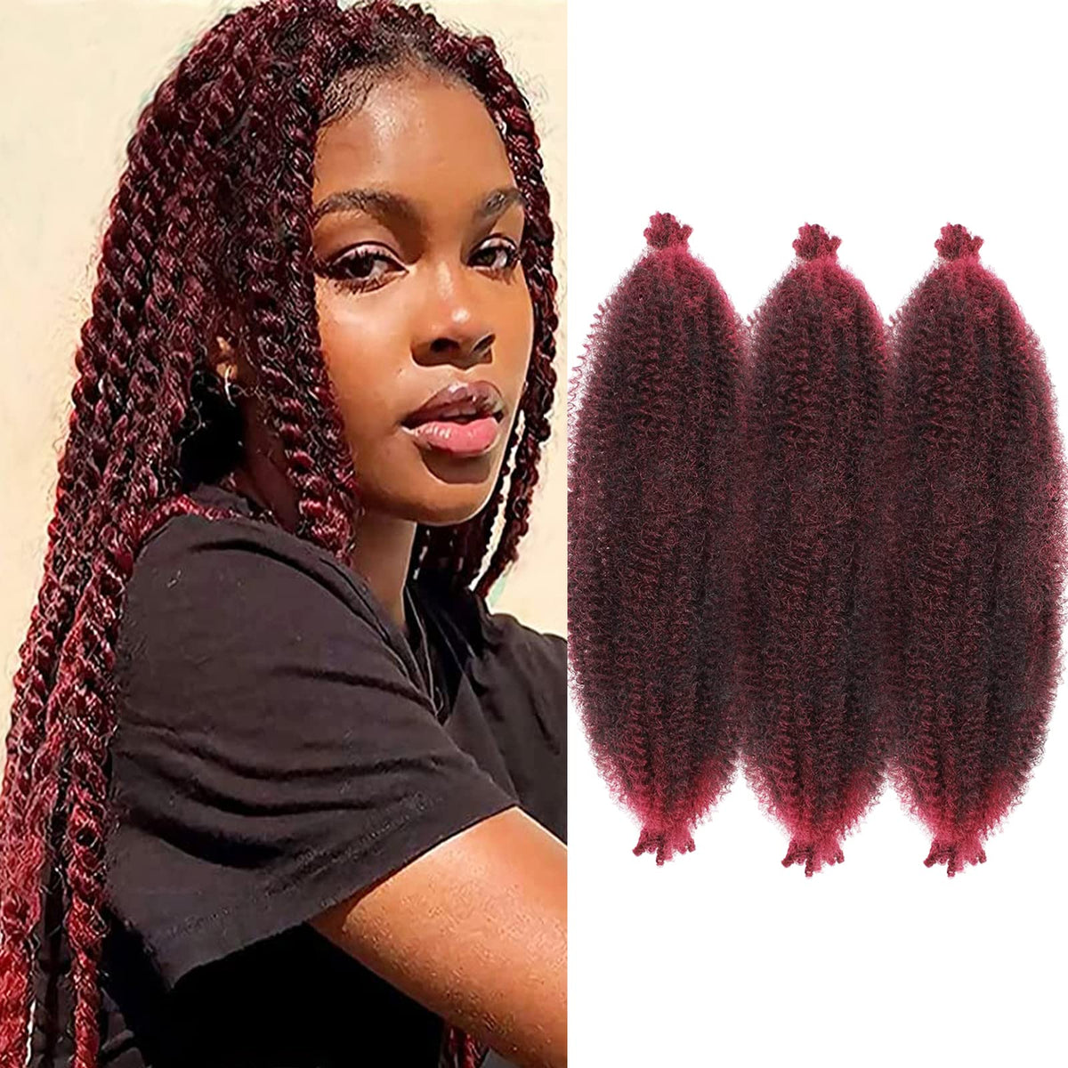 VCEOW 24 inch Pre-Separated Burgundy Springy Afro Twist Hair 3 packs Ombre Red Pre-fluffed Marley Twist Braiding Hair Soft Synthetic Hair Extensions for Spring Twists Faux Butterfly Locs,Tbug#